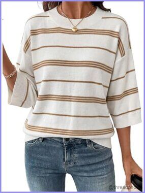 Oversized 3/4 Sleeve Striped Knit Pullover Sweater Cotton